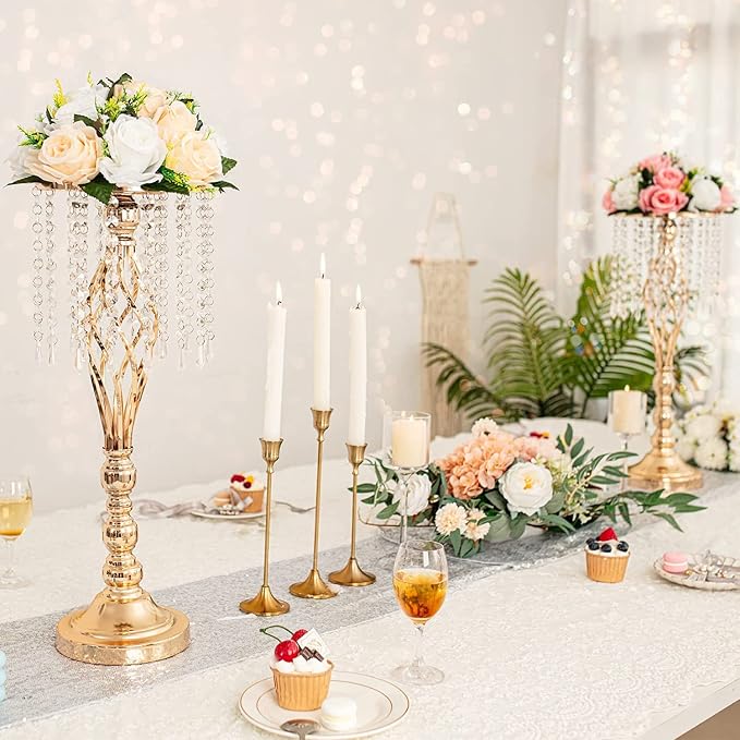 10pcs Gold Metal Flower Vases Crystal Flower Stand Wedding Centerpieces for Tables Party Dinner Event Restaurant Hotel Decoration
