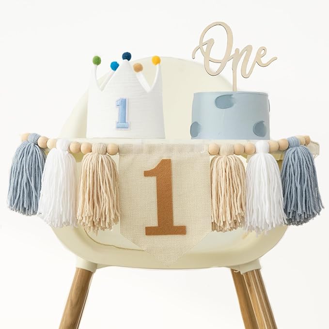 DCJHFJ Baby Boy First Birthday Party Decorations for Blue High Chair Banner with One Cake Topper Crown Hat