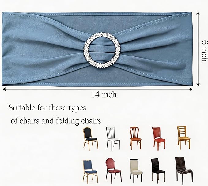 Spandex Dusty Blue Chair Sashes 100 Pack for Wedding Party Decorations, Elastic Chair Bands Bows for Party, Without White Chair Covers (Dusty Blue)