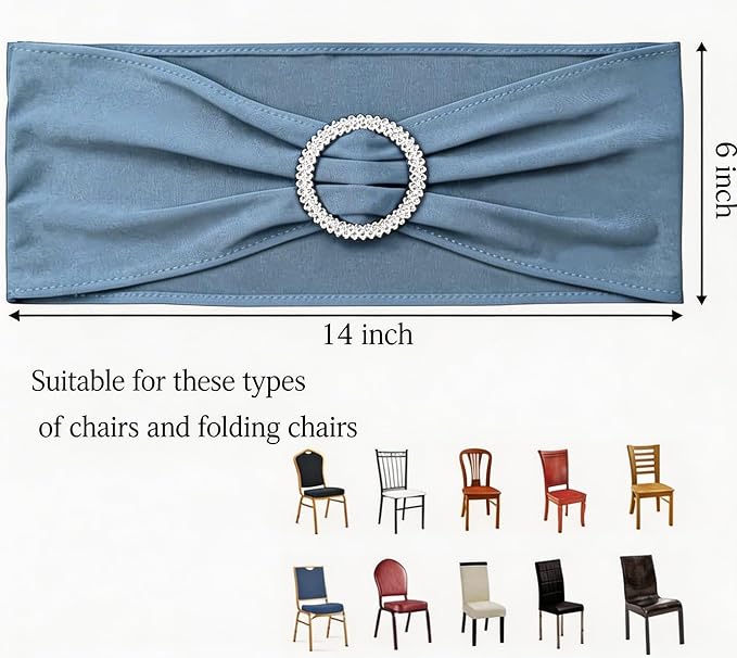 Spandex Dusty Blue Chair Sashes 100 Pack for Wedding Party Decorations, Elastic Chair Bands Bows for Party, Without White Chair Covers (Dusty Blue)