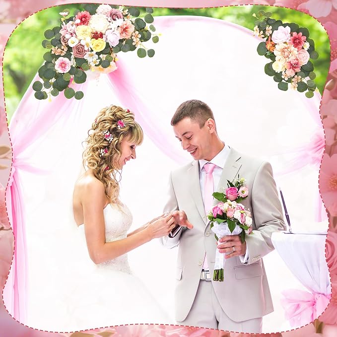 2 Pcs Wedding Arch Decorations - Reusable Artificial Hanging Flowers Floral Swag Greenery Garland for Wedding Welcome Sign Backdrop Bridal Ceremony Reception Backdrop Decoration(Green+Pink)