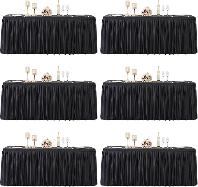 6 Packs Black Tableclothes for 6 Foot Rectangle Tables, Wrinkle Free Fitted Table Cloth 6ft Stretch Table Cover with Skirt for Parties Weddings Birthday Banquet Baby Shower