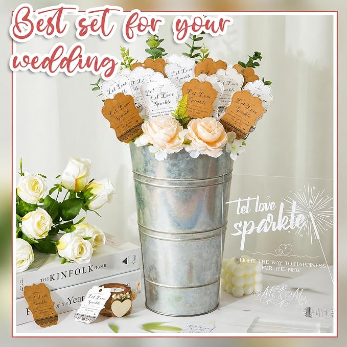 Henoyso 153 Pcs Wedding Send Off Set, 150 Lace Wedding Tags, 2 Pack 12.2 Inch Galvanized Metal Buckets, 1 Acrylic Send Off Sign with Stand for Party Decorations(Silver)