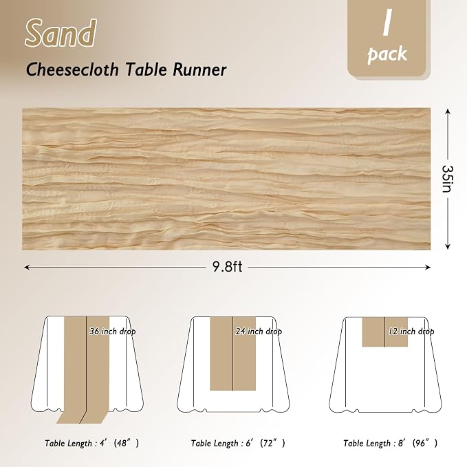 8 Pack Sand Cheesecloth Table Runner 120 Inch 10FT Beige Gauze Cheese Cloth Champagne Runner for Wedding Decoration, Boho Decor, Retro Decoration