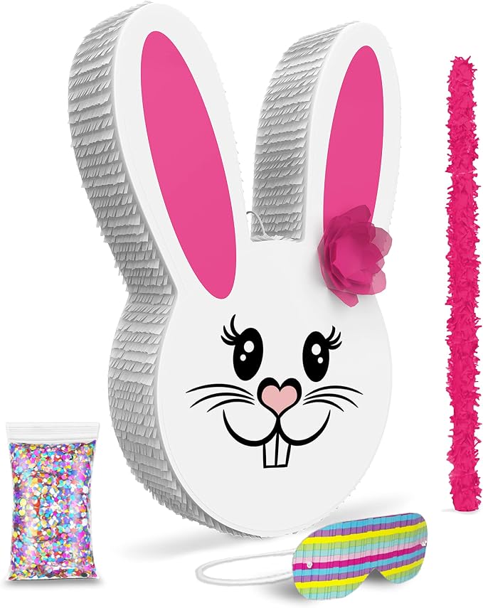 Jergrim Girl Easter Bunny Piñata Bundle 17”x11”x 3” with stick, blindfold and a small confetti bag Perfect for Easter Sunday Celebration, Bunny Theme Parties, Party Décor