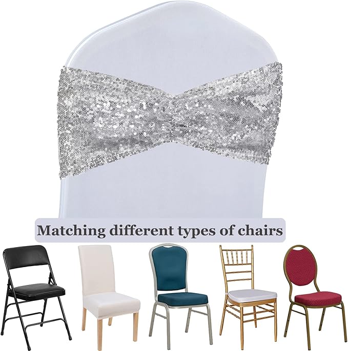 SquarePie Sequin Chair Sashes 30 Pack - Silver Decorative Sashes Bands for Wedding Party Decoration, Seuqin Fabric Bow for Banquet Reception Chairs