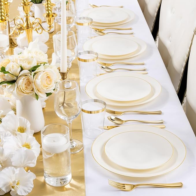 Nervure 100Pcs Ivory and Gold Plastic Plates - 7.5inch Disposable Ivory Dessert/Salad Plates - Heavy Duty Plastic Plate Ideal for Wedding & Party & Mothers Day