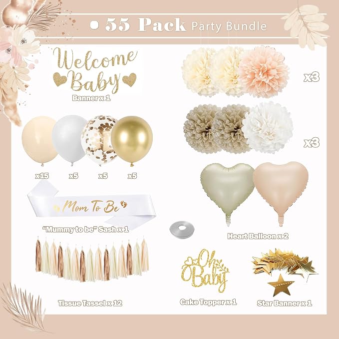 Baby Shower Decorations-Beige Cream Boho Neutral Balloons,Neutral Gender Reveal Party Supplies Welcome Baby Banner Paper Pom Poms Tassels,Cake Topper Star Decor for Baby Shower Decorations