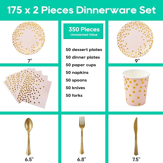 Pink and Gold Party Supplies - 350 PCS Disposable Dinnerware Set - Pink Paper Plates Napkins Cups, Gold Plastic Forks Knives Spoon for Graduation, Birthday, Thanksgiving, Cocktail Party
