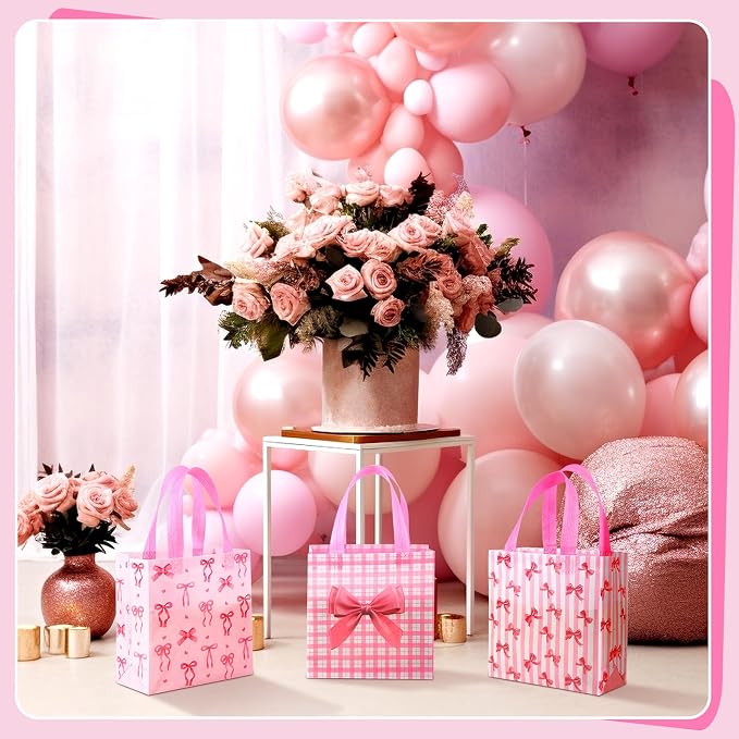 Sweetude 40 Pcs Pink Bow Gift Party Favor Bags with Handle, Non Woven Goodie Bags Birthday Favor for Birthday Baby Shower Packaging Supplies