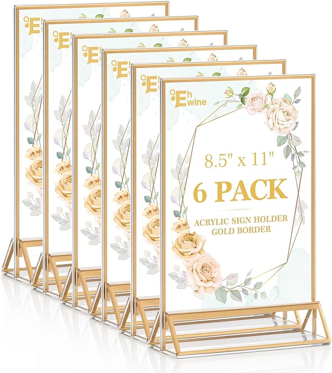 EHWINE 6 Pack 8.5×11 Clear Acrylic Sign Holder with Gold Borders and Vertical Stand, Double Sided Table Menu Holders Picture Frames for Wedding Table Numbers, Restaurant Signs, Photos and Art Display