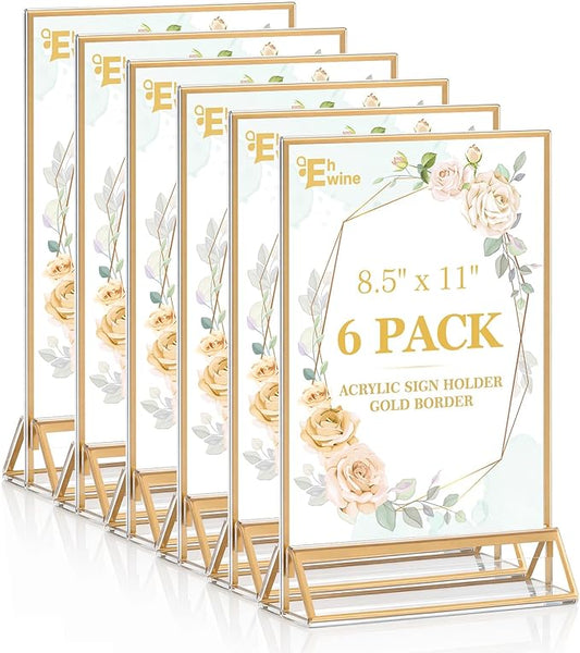 EHWINE 6 Pack 8.5×11 Clear Acrylic Sign Holder with Gold Borders and Vertical Stand, Double Sided Table Menu Holders Picture Frames for Wedding Table Numbers, Restaurant Signs, Photos and Art Display