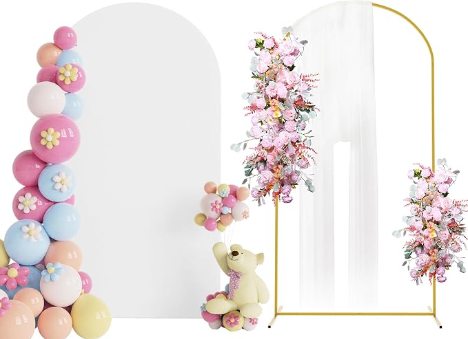 Arch Backdrop Stand and Cover Set, 7.2ft, Metal Arch Stand with White Cover, Arched Background Frame for Wedding, Birthday Party, Baby Shower, Photography Decoration