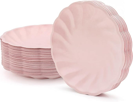 9" Disposable Paper Plates 50 Pcs Scalloped Paper Trays 100% Biodegradable Pink Dessert Plates Party Platters for Everyday Meals, Birthday, Picnic and Wedding