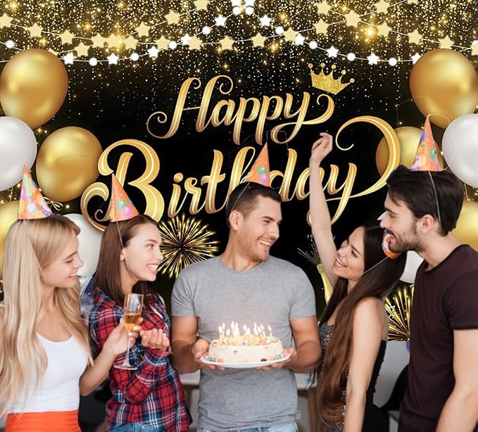 Happy Birthday Backdrop 10x8ft For Men Women Boys Girls Black and Gold Happy Birthday Sign Wall Banner Decorations Large Birthday Party Photo Background Poster Supplies Polyester Fabric