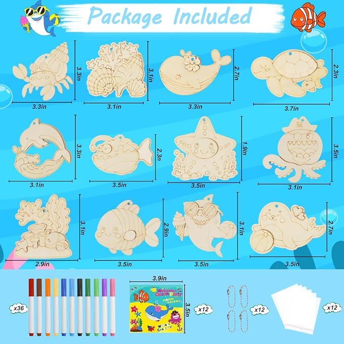 12Pack Under the Sea Party Favors, Wooden Sea Animal Painting Kit for Kids Ocean Theme Arts&Crafts Birthday Party Hanging Decorations Summer Goodie Bag Filler Pinata Stuffers Classroom Prizes for Kids