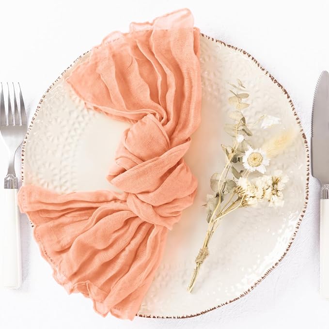 DeZerlor 12 Pack Peach Cheesecloth Napkins Spring Cloth Napkins Set of 12 Dinner Napkins Bulk 21x21 Inches for Wedding Bridal Shower Baby Shower Parties