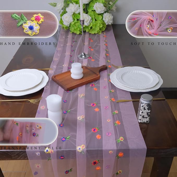 Set of 1 Flower Table Runner 10ft, 29 * 120 Inch Pink Table Cloth Sheer Tulle Table Cover,Embroidery Daisy Table Runner for Wedding Party Baby Shower Birthday Home Decor