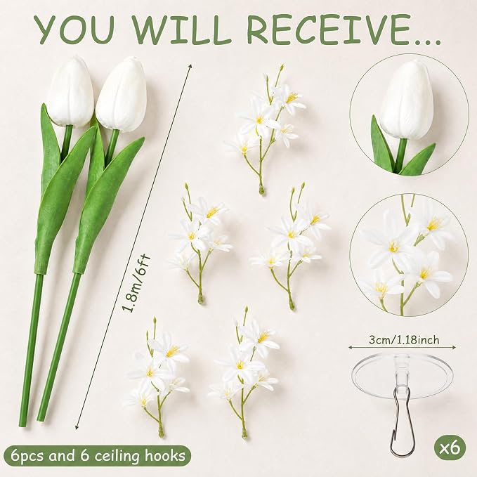6 Pcs 35.4ft Artificial Tulips Hanging Flower Garlands with Hooks, Spring Faux Tulip and Wildflower Ceiling Vines, White Floral Backdrop for Wedding Party Home Wall Arch Decor