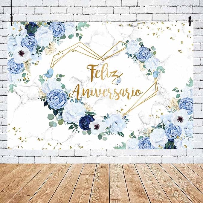 MEHOFOND 10x7ft Feliz Aniversario Backdrop Blue White Floral Wedding Anniversary Photography Background Hearts Geometric Couple Wedding Women Birthday Party Cake Smash Decor Studio Photo Props