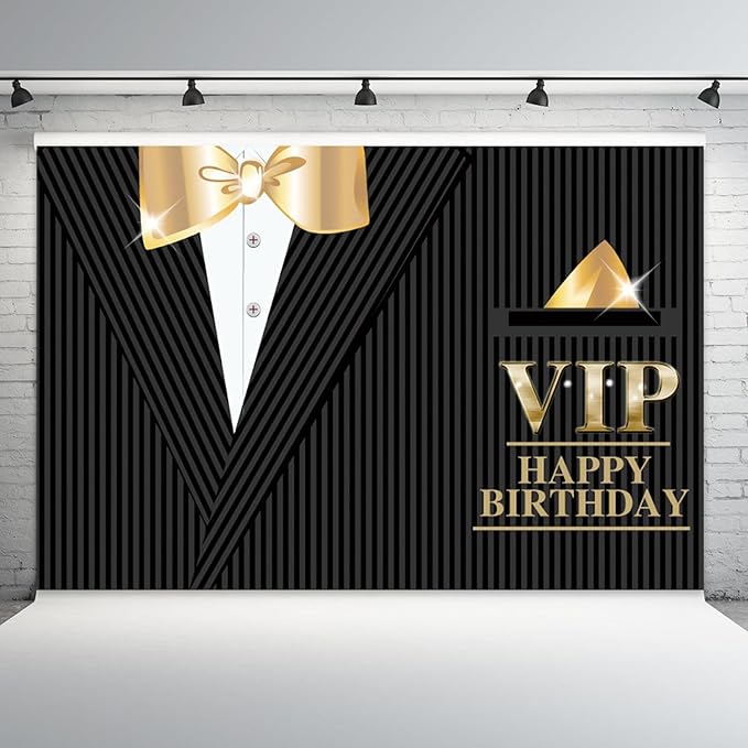 10x7ft Happy Birthday Backdrop VIP Photography Background Gentleman Black Tuxedo Suits White Shirts Gold Bow Tie Men Birthdays Party Banner Decorations Boys Kids Portrait Photo Booth Prop