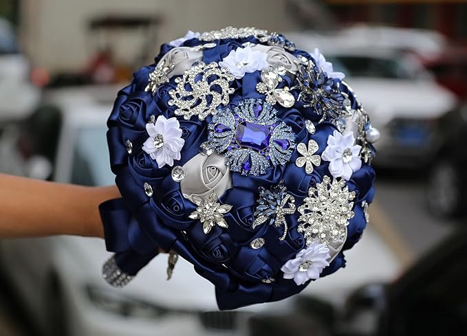Navy Blue and Silver Grey Bridal Bouquet with Luxury Bling Rhinestone Brooch Wedding Bouquet for Bride Bridesmaid Quinceanera Satin Rose Flower Bouquet Wedding 9.5in