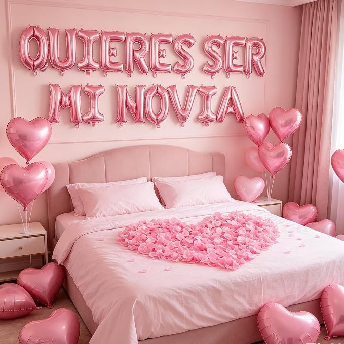 2 Set Pink QUIERES SER MI NOVIA Balloons - 1200pcs Pink Artificial Rose Petals 34pcs 16" Letter Balloons 10pcs 18" Heart Balloon Alphabet Foil Mylar Balloon for Valentines Day Decorations