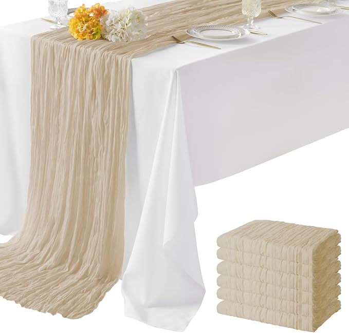 6 Pack Begie Cheesecloth Table Runner 35"×120" Gauze Fabric Table Runner Rustic Sheer Runner for Wedding Birthday Baby Shower Party Table Decoration Beige 6 Pack