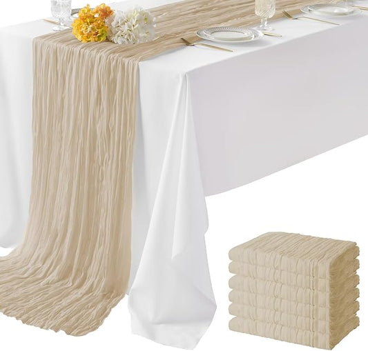 6 Pack Begie Cheesecloth Table Runner 35"×120" Gauze Fabric Table Runner Rustic Sheer Runner for Wedding Birthday Baby Shower Party Table Decoration Beige 6 Pack