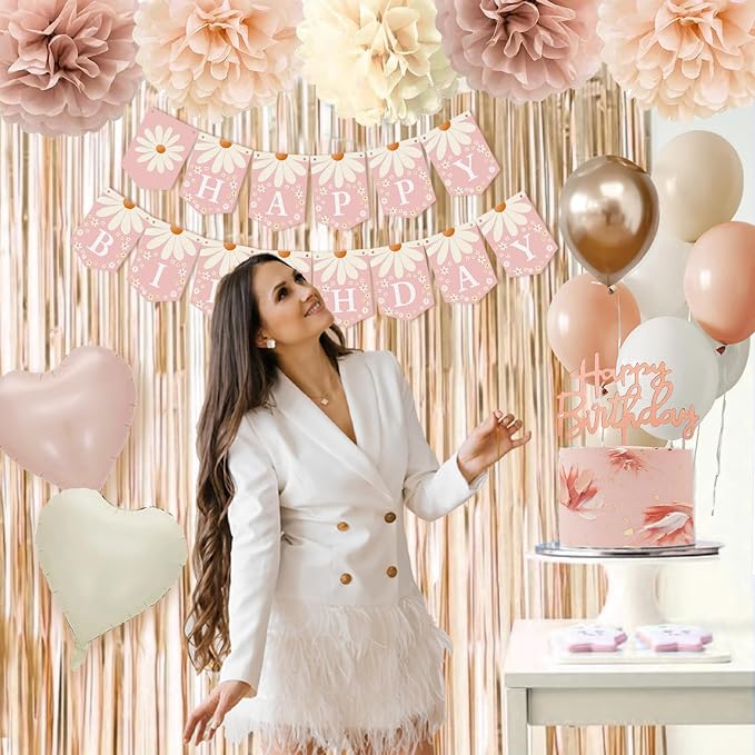Blush Beige Birthday Decorations, Party Décor for Women, Boho Party Decorations, Daisy Flower Birthday Banner, Champagne Fringe Curtain
