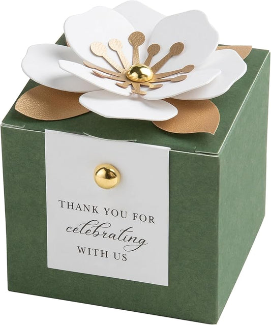 FEIYI 20 PCS Candy Boxes, 3 In 1 Olive Green Favor Boxes with Floral Decor, White Thank You Tags Gift wrapping for Wedding Birthday Baby Shower Decorations Party -2.55x2.55x2.55''