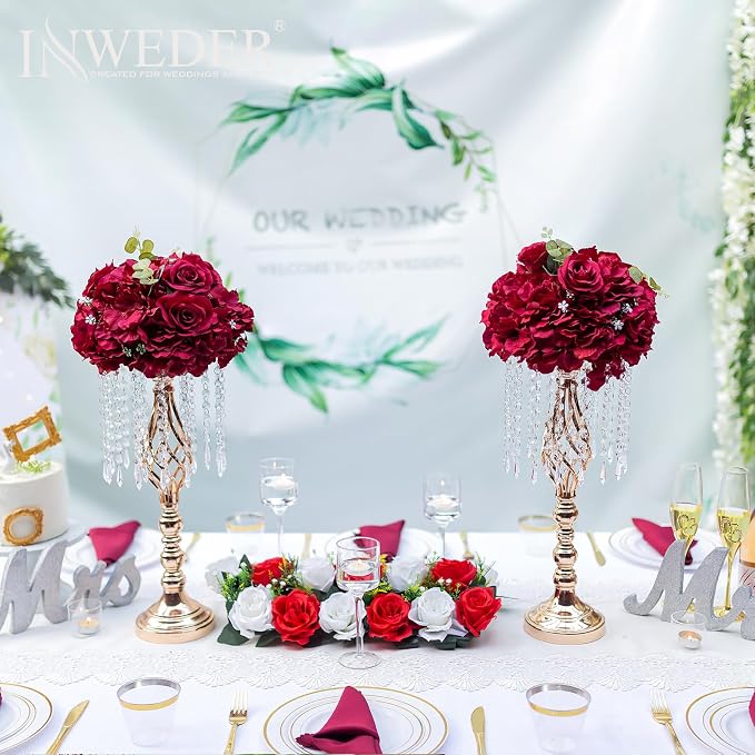 Red Roses Flowers Balls for Centerpieces: 10 PCS 11.8" Diam Flower Centerpieces for Tables in Wedding Reception Decorations Arrangement for Party Celebration Planners