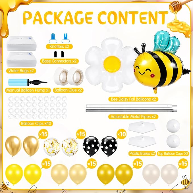 Kasyat 2 Sets Bee Theme Party Balloon Column Stand Kit with Bee Daisy Foil and 100 Latex Balloons, Adjustable Honeybee Balloon Stand Kit for Baby Shower Birthday Party Supplies