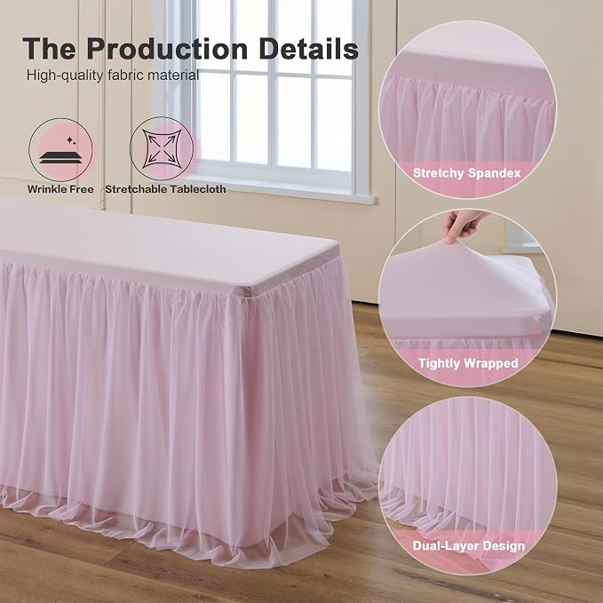 familus Pink Table Cloths 6 Foot Rectangle 6 Panels Stretch Ruffle Tulle Tablecloth Spandex Fitted Table Cover for 6 Foot Tulle Table Skirts for Party Wedding Table Cloths, Banquets