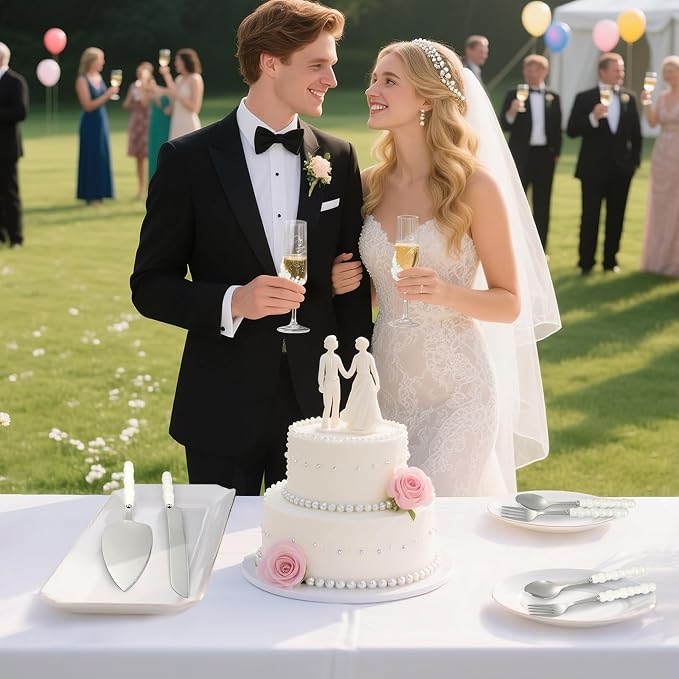 8 PCS Wedding Cake Knife and Champagne Flutes Server Set, Mr and Mrs Champagne Flutes with 2 Forks and 2 Spoons,Bride and Groom Champagne Glasses for Wedding, Engaggement and Bridal Shower Gifts