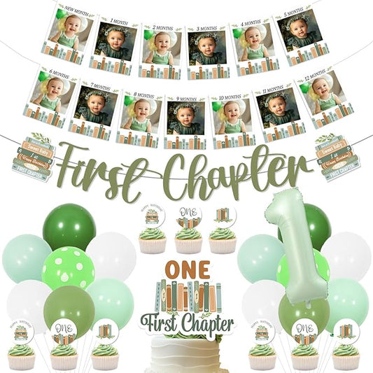 Book Themed 1st Birthday Party Decorations, First Chapter Banner and Photo Banner Storybook 1st Birthday Cake and Cupcake Toppers Green Balloons Decor for Book Club One for The Books First Bday