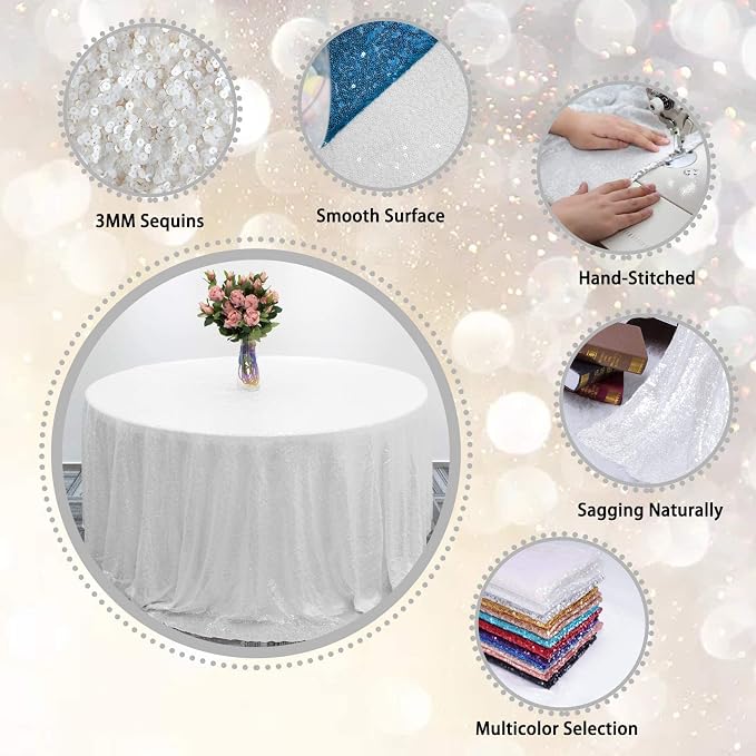 Sequin Tablecloth 132 inch Round Sparkly Table Cover Glitter Table Overlay for Party Dinner Festival Wedding Exhibition Dessert (White)