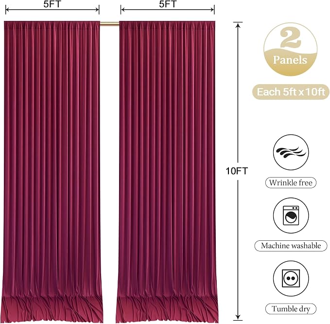 Burgundy Backdrop Curtains with Lights for Parties,10x10FT Wrinkle Free Wedding Photo Backdrop Curatin Drapes Fabric for Baby Shower Birthday Ceremony Reception Home Party Decorations