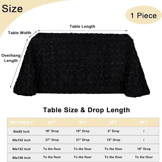 Fanqisi Black Tablecloth 90x132 Inches Rosette Wedding Tablecloth Party Table Decor Rectangle Satin Floral Table Cover for Baby Shower Decorations