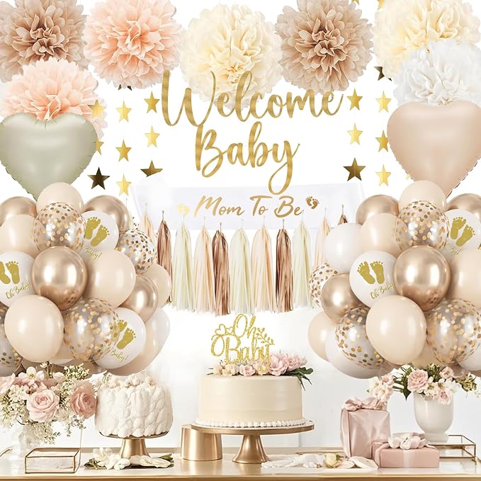 Baby Shower Decorations-Beige Cream Boho Neutral Balloons,Neutral Gender Reveal Party Supplies Welcome Baby Banner Paper Pom Poms Tassels,Cake Topper Star Decor for Baby Shower Decorations