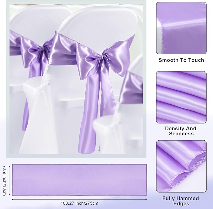 Lounsweer 50 Pcs Folding Chair Cover Set with 25 Stretch Spandex Slipcovers 25 Satin Chair Sashes Bows Ribbon Washable Banquet Protector for Wedding Event Party(White, Lavender)
