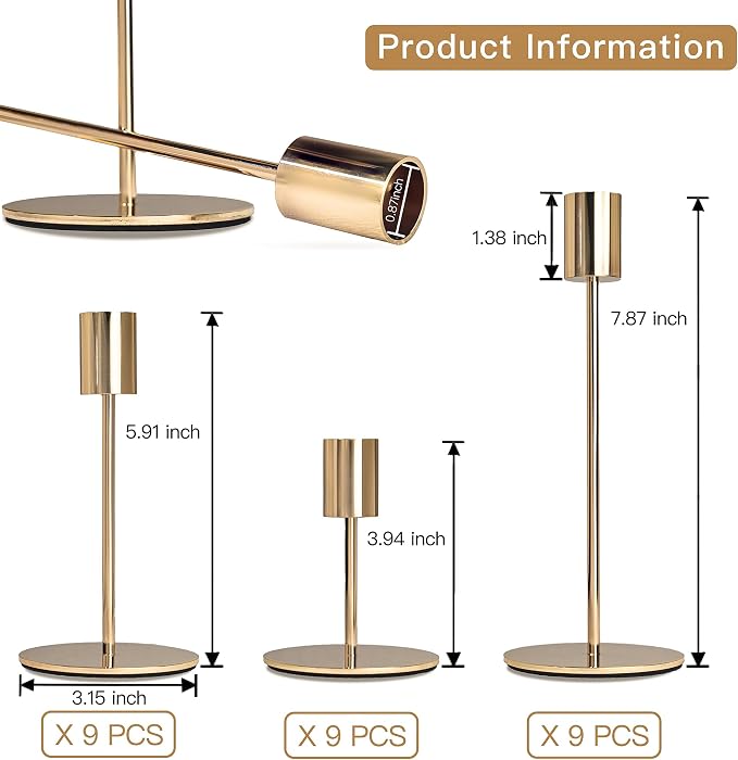 Gold Candlestick Holders - Bulk Decorative Metal Candelabra - Fits 0.8 Inch Diameter Taper Candles - Gold Taper Candle Stands for Wedding, Home, Party Table Decor (Set of 27)