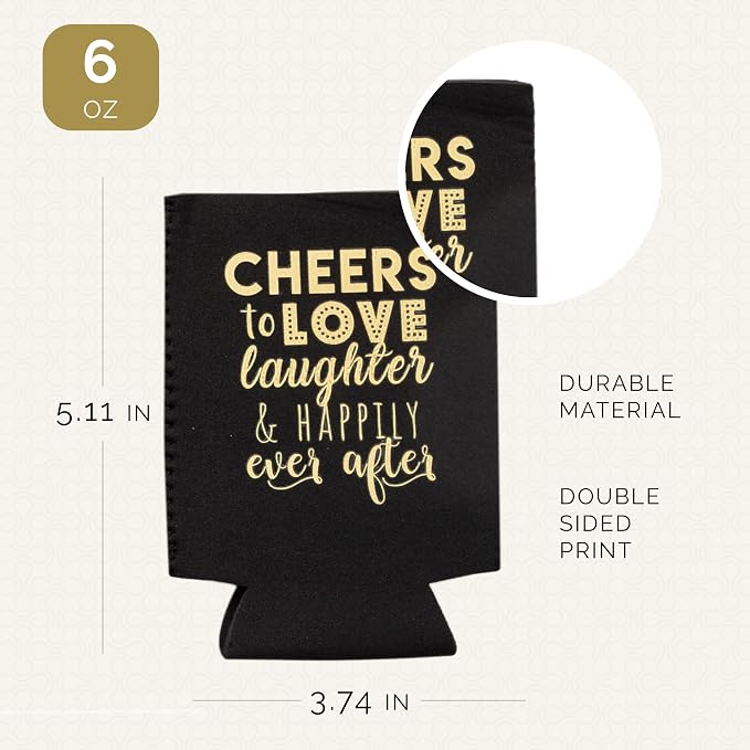 Wedding Can Cooler Decorations Set of 12 - Cheers to Love Laughter and Happily Ever After, Wedding Rehearsal Dinner Decorations - Bridal Showers, Engagement Party Favors for Guests and Supplies