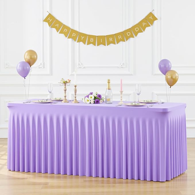 Suppromo 4 Pack 6ft Lavender Spandex Table Cloths for Rectangle Tables Wrinkle Free Light Purple Rectangle Tablecloths Stretch Fitted Table Cover for Birthday Party Wedding Banquet Baby Shower Buffet