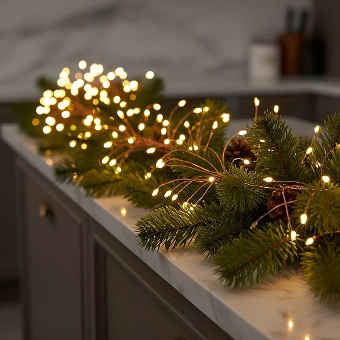 QBIS 240 LED Christmas Cluster Lights, 10ft Warm White Fairy Lights on Copper Wire, Plug in, Christmas Tree Lighting, Firecracker Light String Indoor Outdoor use, Window, Fireplace, Stair Decoration