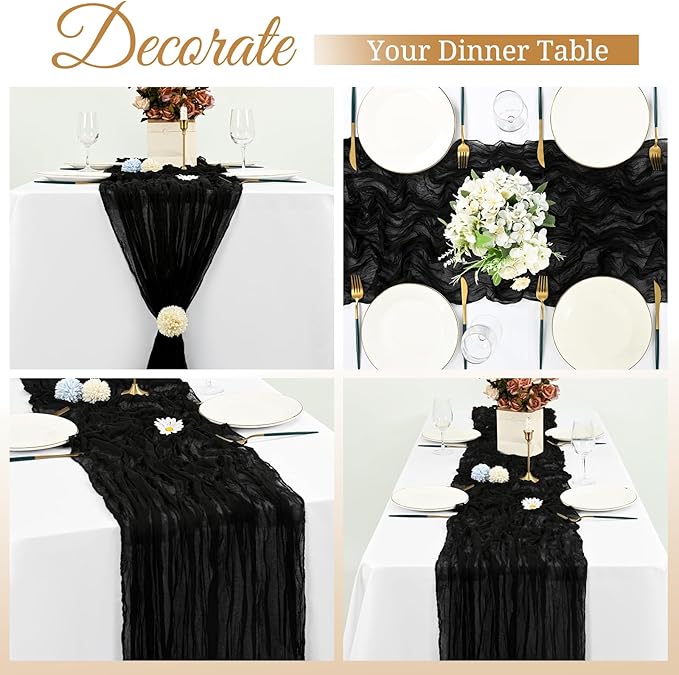 8 Pack Cheesecloth Table Runner, 10Ft Boho Gauze Table Runner 21×120 Inch Rustic Romantic Long Table Runner for Wedding Party Bridal Shower Thanksgiving Christmas Decoration (Black)