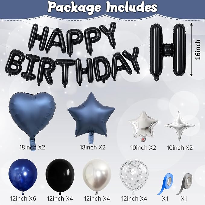 Navy Blue and Black Birthday Decorations for Men Black Pearl Royal Blue Silver Metallic Balloons Confetti Balloon Happy Birthday Banner Heart Balloons 18/10 Inch Star Balloon for Bday Party Supplies