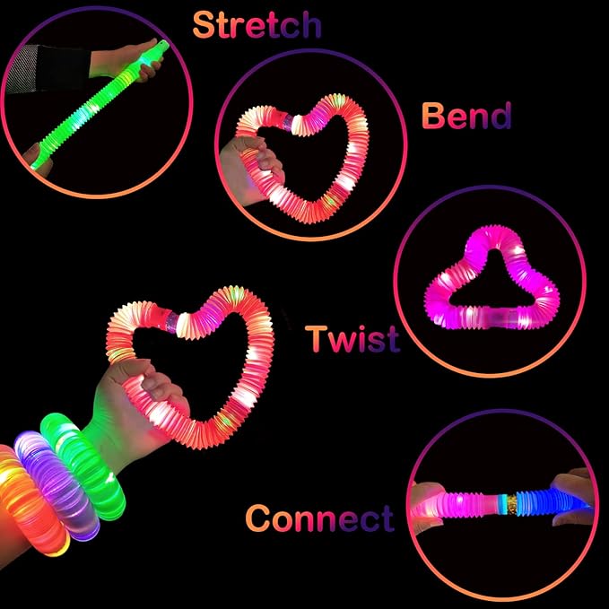 Glow Sticks Camping Essentials for Toddlers-6 PCS,Light Up Pop Tube Wand Toys Gifts for Kids,LED Bracelet Necklace Party Accessories,Fun Summer Outdoor Camp Games Activities Gear Stuff for Boys Girls