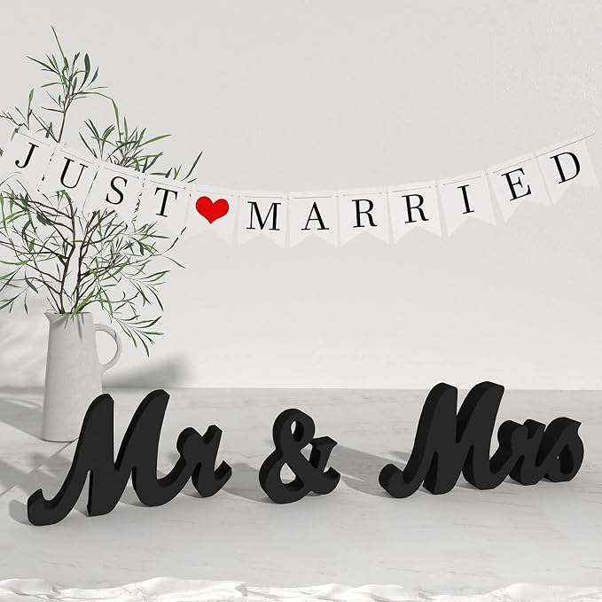 VIOPVERY Mr and Mrs Sign & Just Married Banner,Mr & Mrs Signs for Wedding Table,Large Wooden Letters for Sweetheart Table,Photo Props Wedding decorations for Anniversary,Black