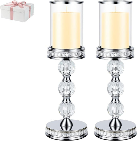 14.7" Tall Hurricane Candle Holder, Pillar Candle Holders with Glass Sleeve with Gift Box, Crystal Candle Stands for Home Warming, Weddiing, Dining Room Decor, Table Centerpiece (2, Silver, L)